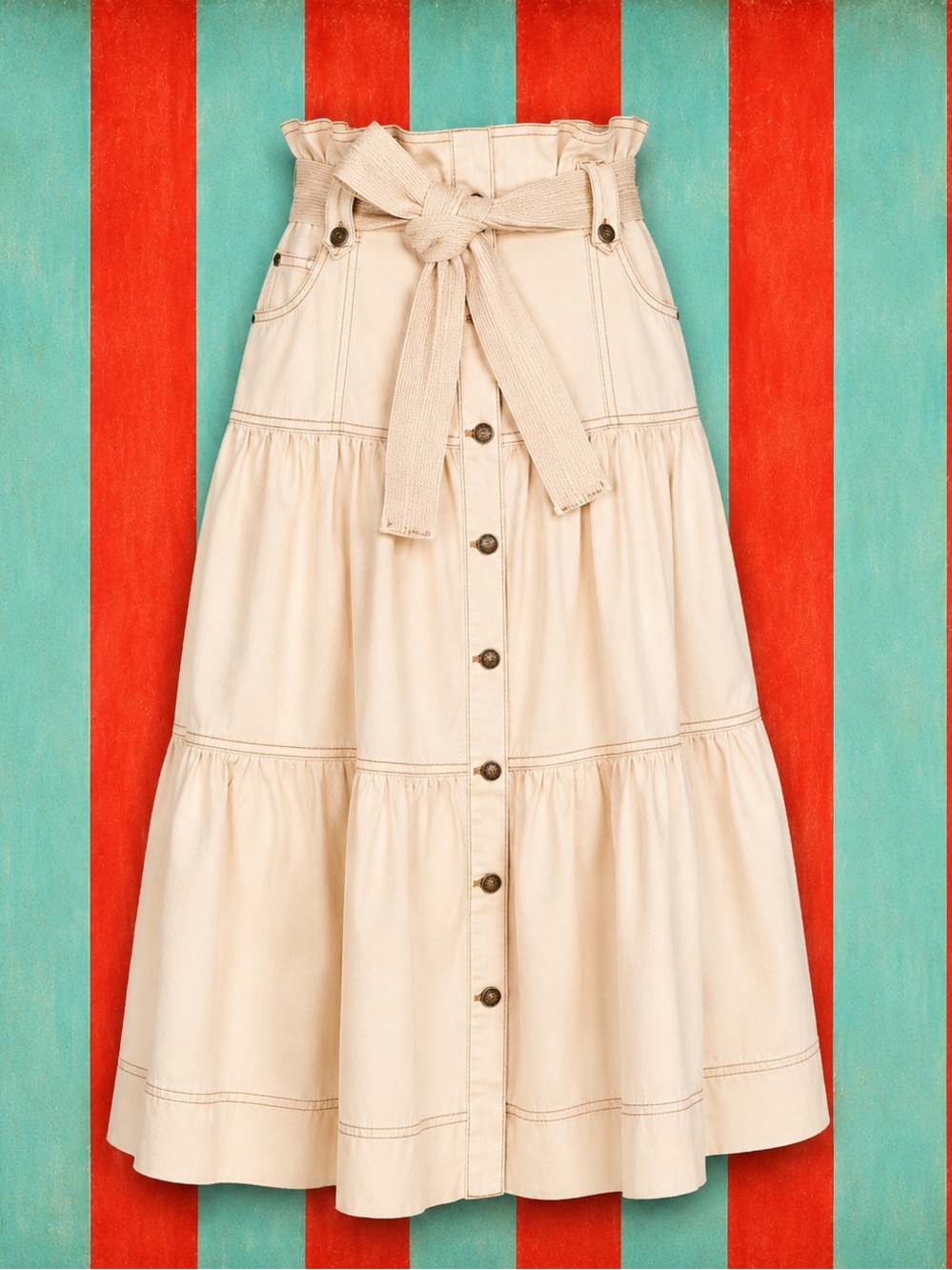 Ulla Johnson Cream Tiered Button-Front Midi Skirt with Self-Tie Waist